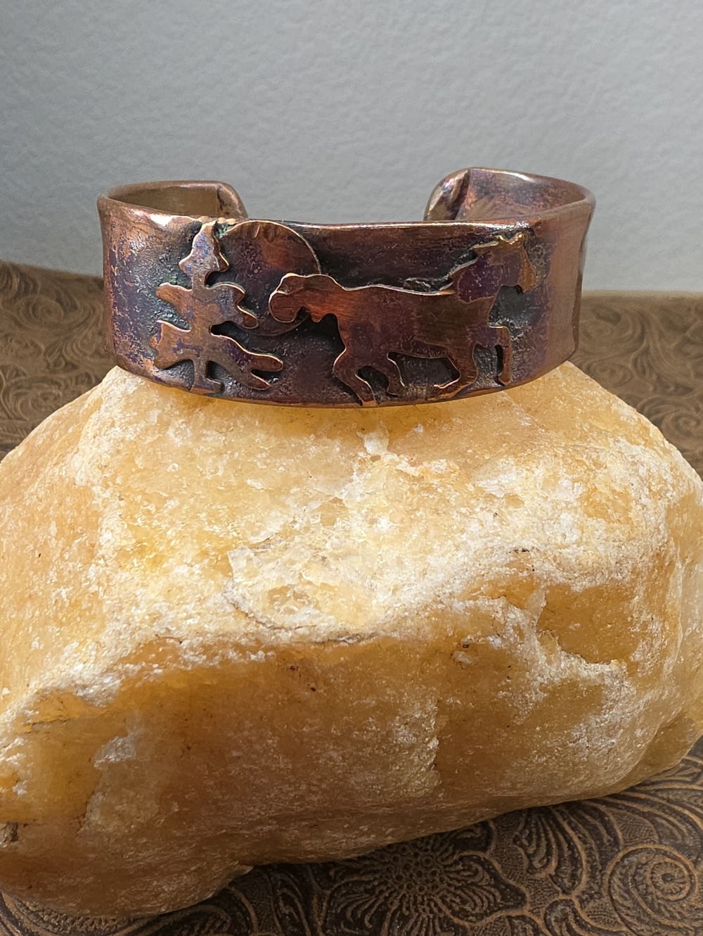 Western Inspired Handcrafted Artist Copper Horse Tree Open Cuff Bracelet